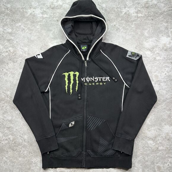 Y2K Monster Energy Racing Hoodie Men’s Medium Black Zip Logo Hooded Sweatshirt - Picture 1 of 12